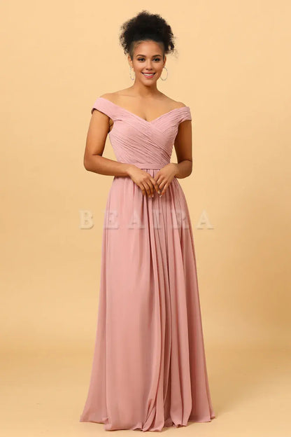 Beaira Elegant Dusty Rose Ruched Long Chiffon Bridesmaid Dress with Slit New Arrivals