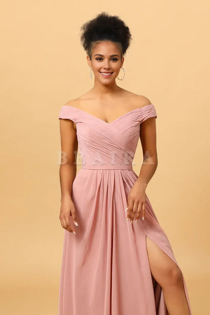Beaira Elegant Dusty Rose Ruched Long Chiffon Bridesmaid Dress with Slit New Arrivals