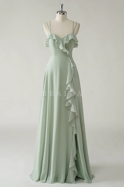 Beaira Elegant Dusty Sage A Line Spaghetti Straps Chiffon Long Bridesmaid Dress with Ruffle Slit