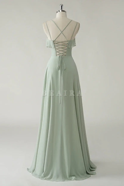 Beaira Elegant Dusty Sage A Line Spaghetti Straps Chiffon Long Bridesmaid Dress with Ruffle Slit