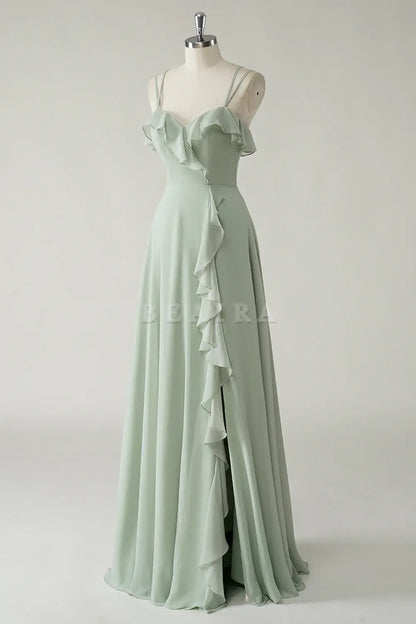 Beaira Elegant Dusty Sage A Line Spaghetti Straps Chiffon Long Bridesmaid Dress with Ruffle Slit