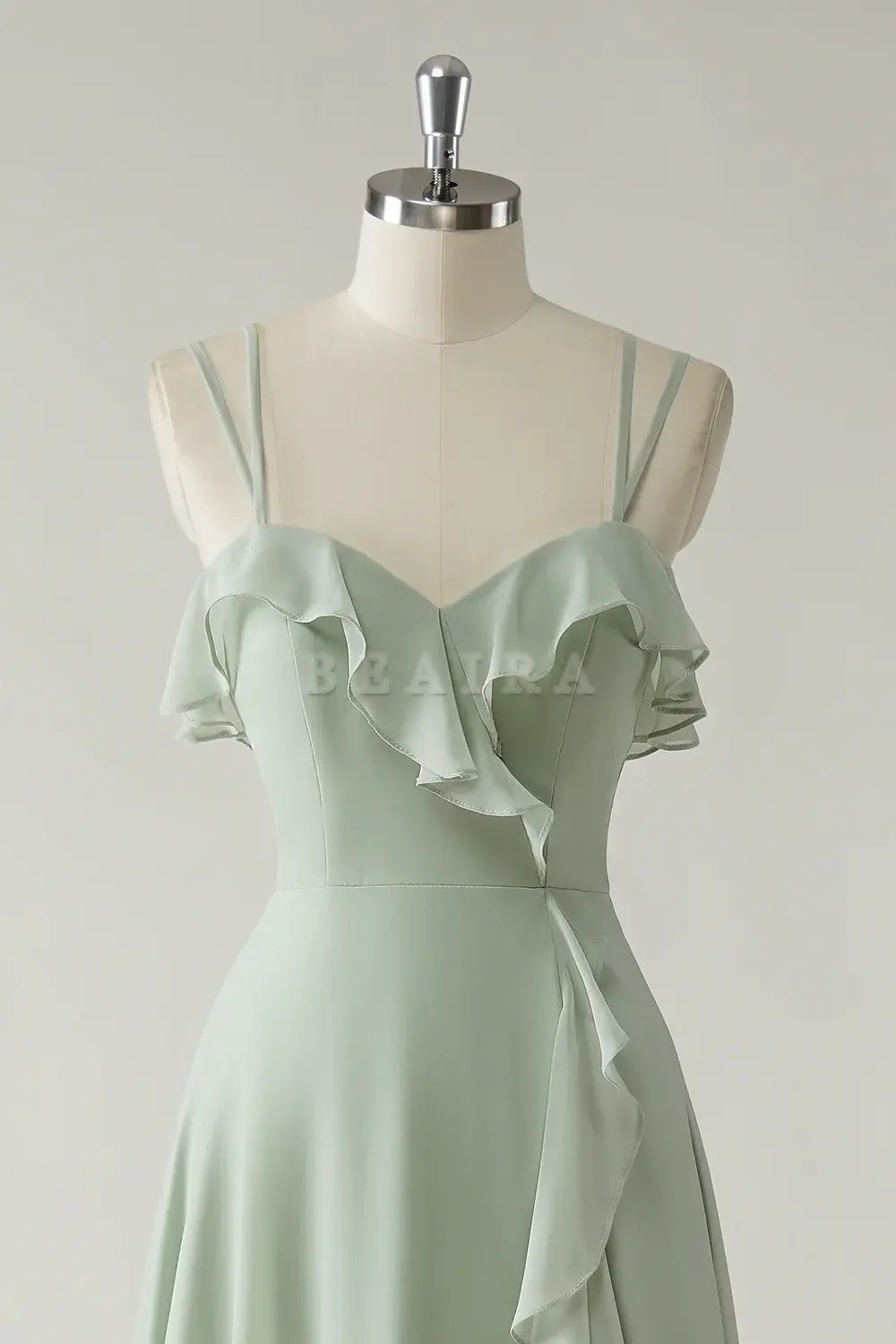 Beaira Elegant Dusty Sage A Line Spaghetti Straps Chiffon Long Bridesmaid Dress with Ruffle Slit
