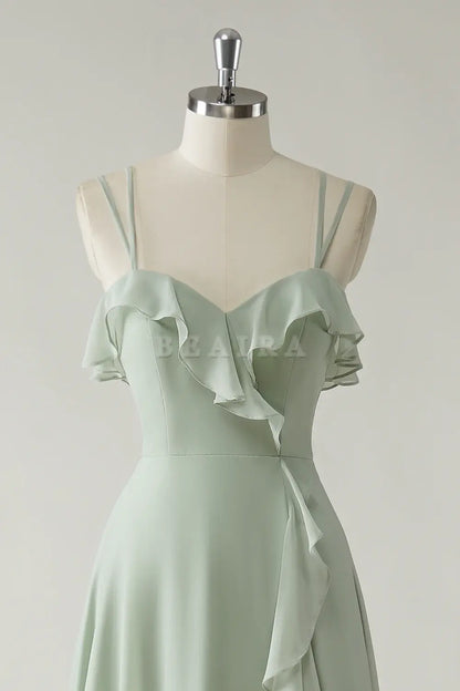 Beaira Elegant Dusty Sage A Line Spaghetti Straps Chiffon Long Bridesmaid Dress with Ruffle Slit