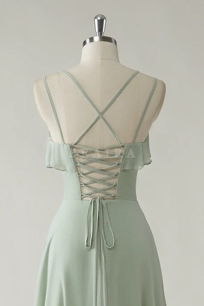 Beaira Elegant Dusty Sage A Line Spaghetti Straps Chiffon Long Bridesmaid Dress with Ruffle Slit