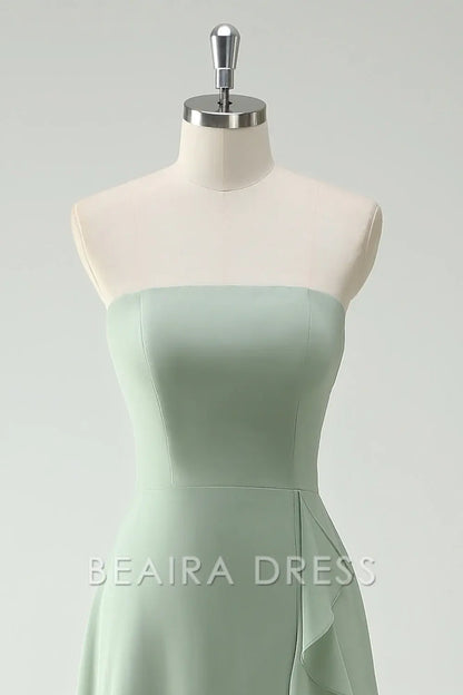 Beaira Elegant Dusty Sage A Line Strapless Chiffon Long Bridesmaid Dress with Ruffle Slit