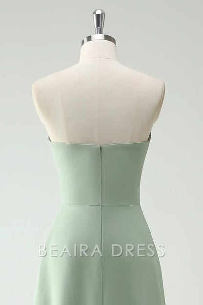 Beaira Elegant Dusty Sage A Line Strapless Chiffon Long Bridesmaid Dress with Ruffle Slit