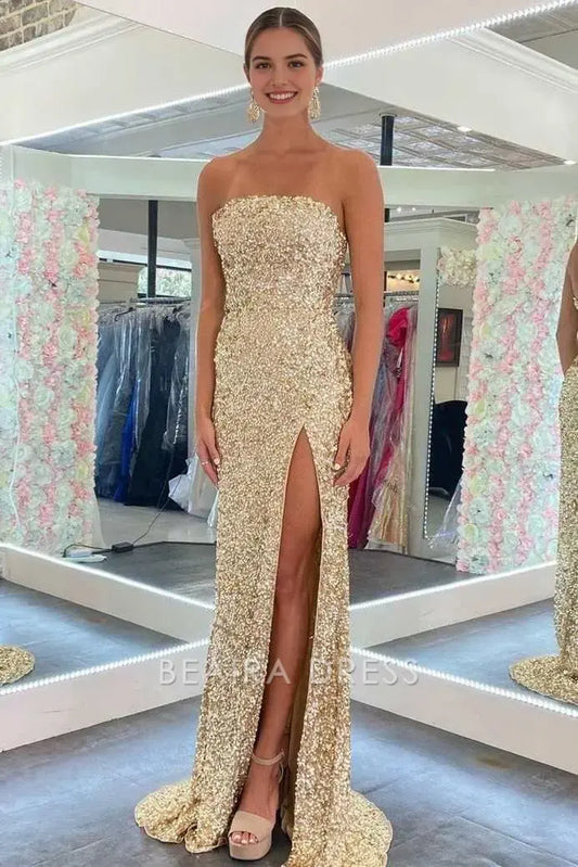 Beaira Elegant Gold Sequin Strapless Backless Mermaid Prom Dress formal wear dresses