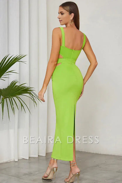 Beaira Elegant Green A Line Square Neck Hollow Out Pleated Long Formal Party Dress - Green