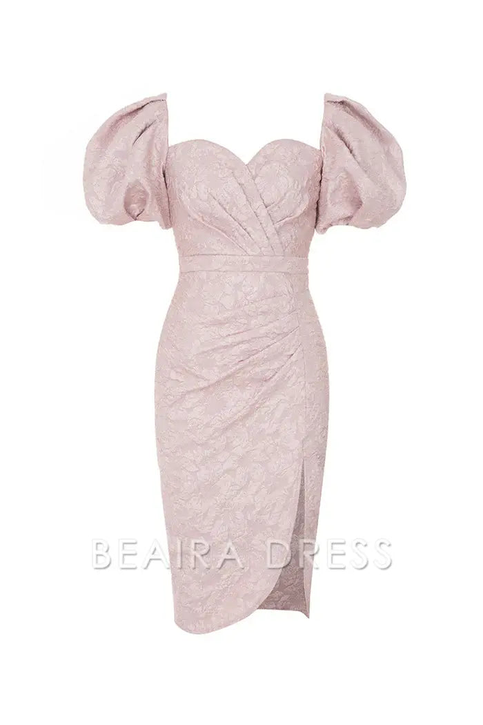 Beaira Elegant Pink Sweetheart Neck Puff Sleeve Cocktail Party Dress with Side Slit - Pink