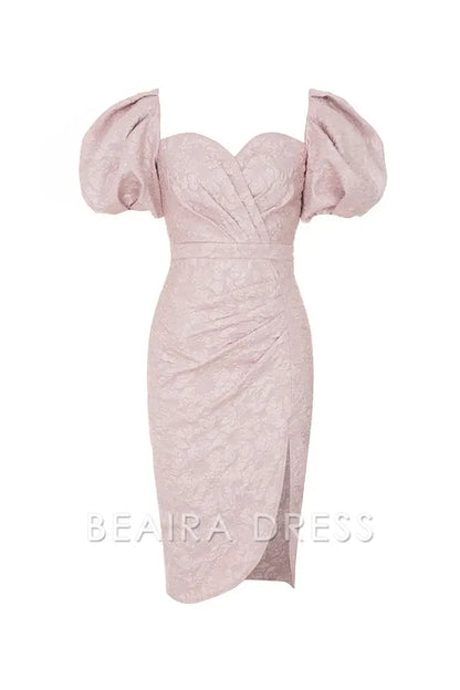 Beaira Elegant Pink Sweetheart Neck Puff Sleeve Cocktail Party Dress with Side Slit - Pink