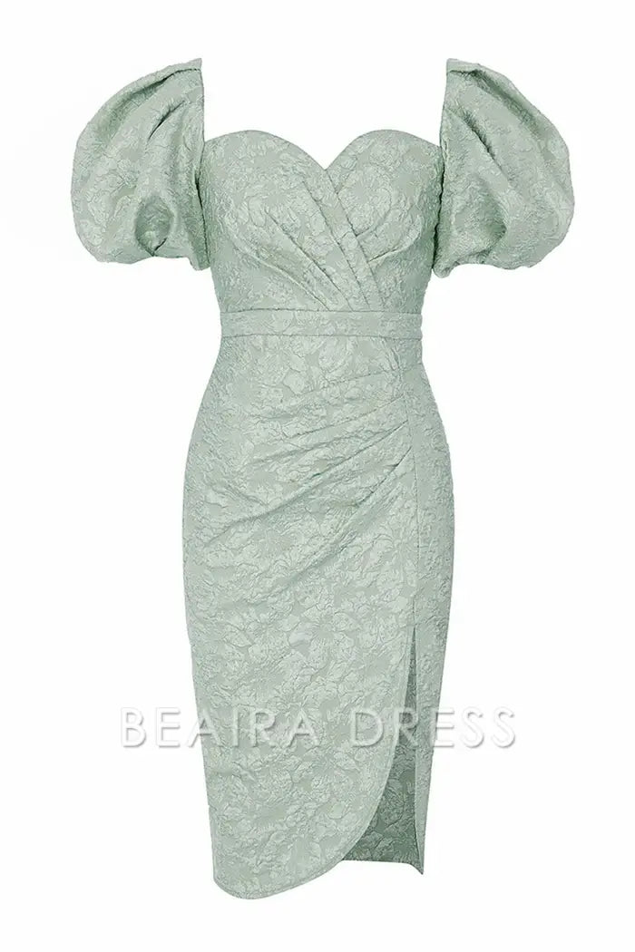 Beaira Elegant Green Sweetheart Neck Puff Sleeve Cocktail Party Dress with Side Slit - Light Green