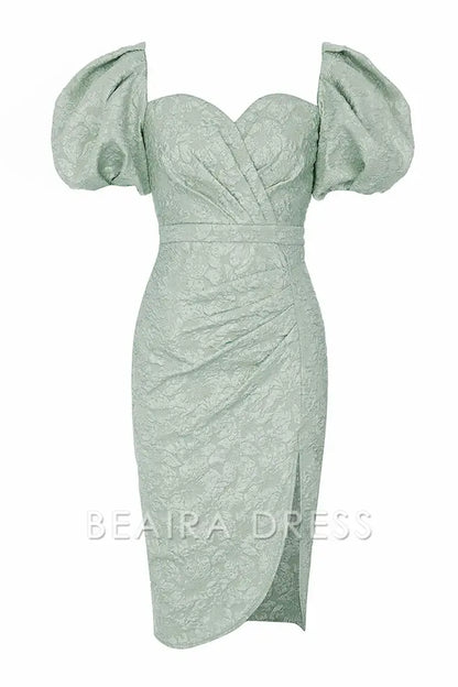 Beaira Elegant Green Sweetheart Neck Puff Sleeve Cocktail Party Dress with Side Slit - Light Green