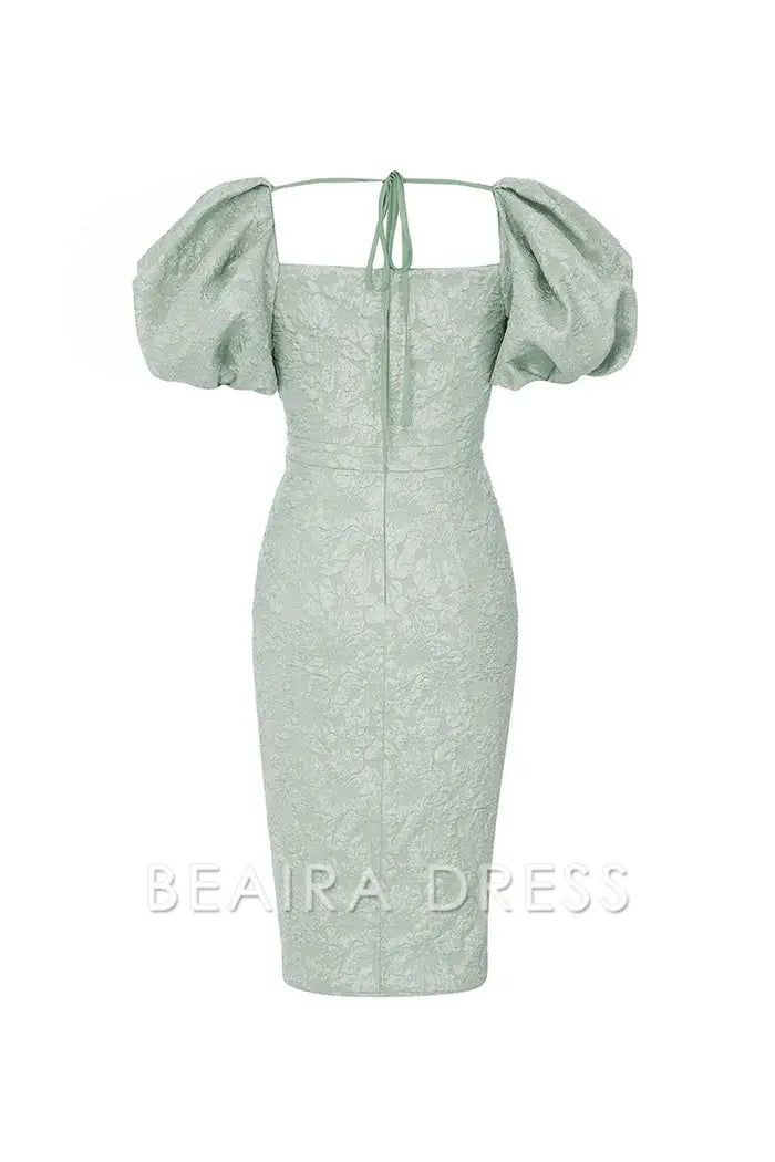 Beaira Elegant Green Sweetheart Neck Puff Sleeve Cocktail Party Dress with Side Slit - Light Green