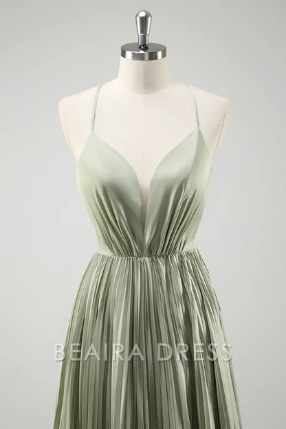 Beaira Elegant Grey Green A-Line Spaghetti Straps Pleated Long Bridesmaid Dress With Lace Up Back