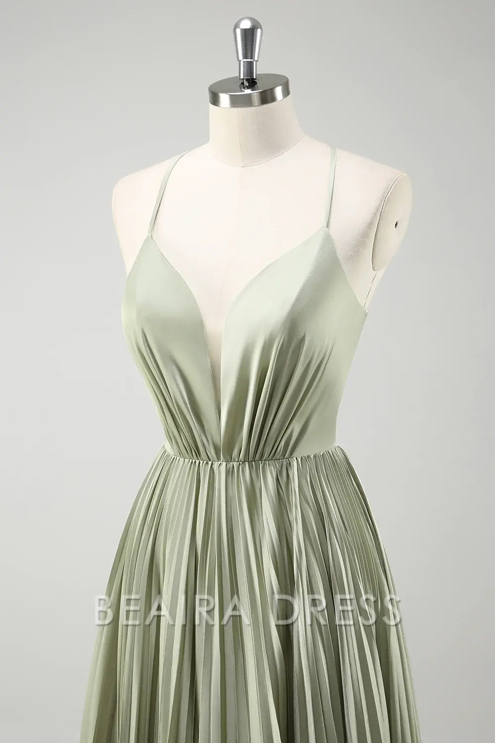 Beaira Elegant Grey Green A-Line Spaghetti Straps Pleated Long Bridesmaid Dress With Lace Up Back