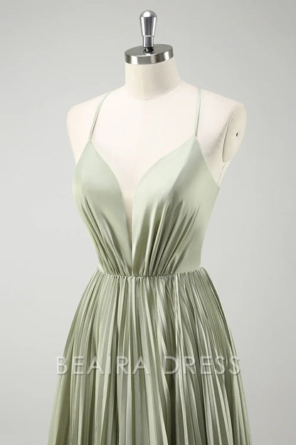 Beaira Elegant Grey Green A-Line Spaghetti Straps Pleated Long Bridesmaid Dress With Lace Up Back