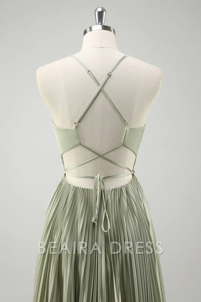 Beaira Elegant Grey Green A-Line Spaghetti Straps Pleated Long Bridesmaid Dress With Lace Up Back