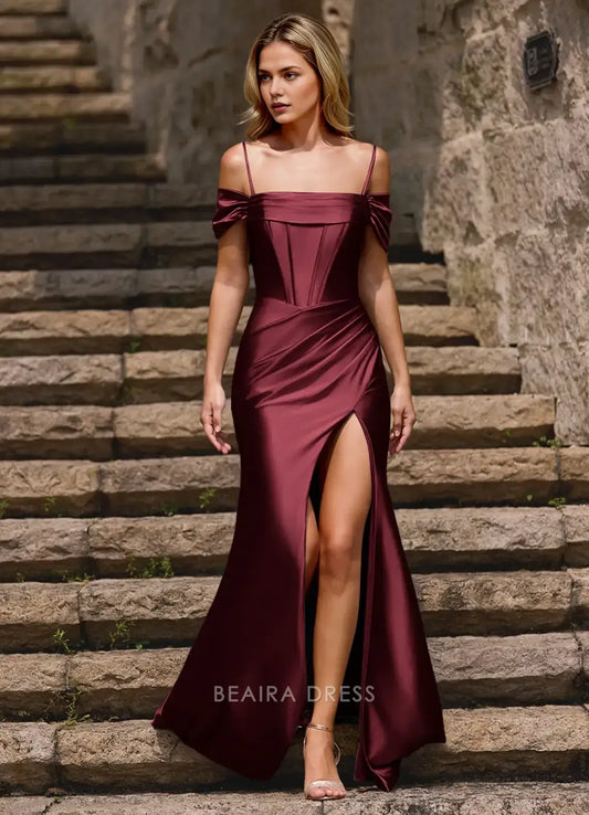Elegant Halo Neptune Trumpet/Mermaid Cold-Shoulder Silk like Satin Ruched Corset Slit Prom Dress