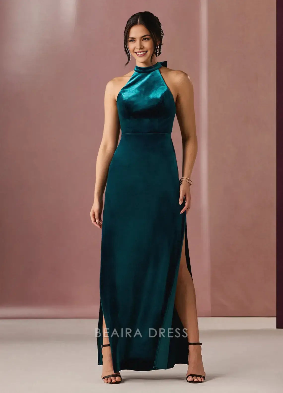Elegant Halter Neck Velvet Maxi Dress with Side Slit and Bow Back Prom Dress