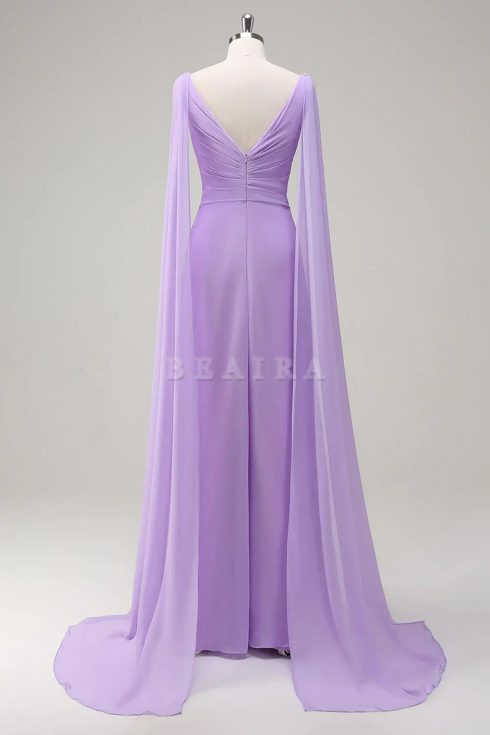 Beaira Elegant Lilac A-Line V Neck Chiffon Long Bridesmaid Dress with Flowing Cape Sleeves