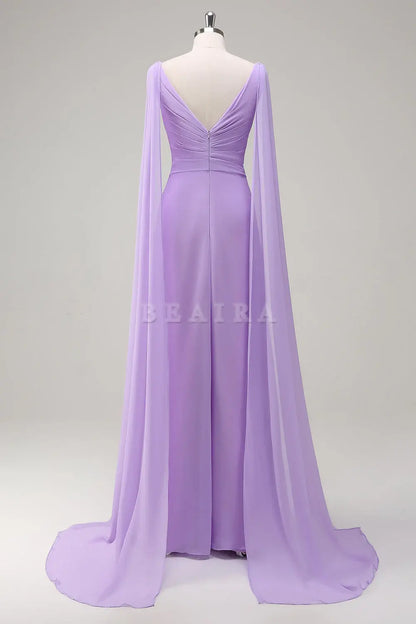 Beaira Elegant Lilac A-Line V Neck Chiffon Long Bridesmaid Dress with Flowing Cape Sleeves