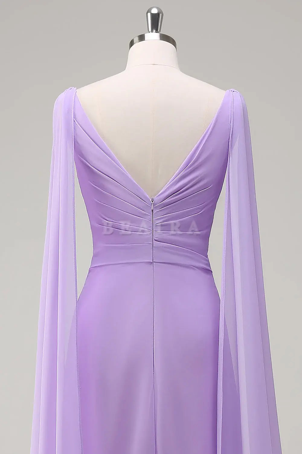 Beaira Elegant Lilac A-Line V Neck Chiffon Long Bridesmaid Dress with Flowing Cape Sleeves