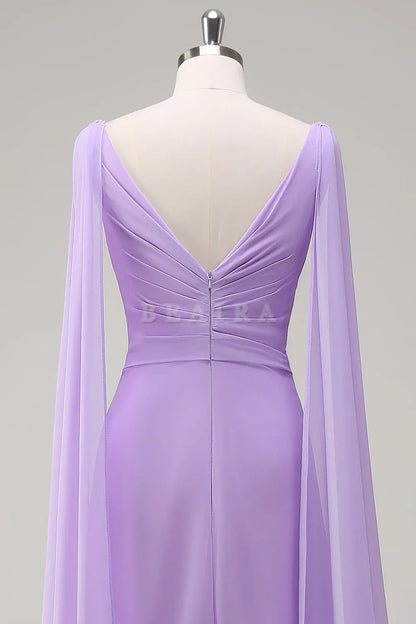 Beaira Elegant Lilac A-Line V Neck Chiffon Long Bridesmaid Dress with Flowing Cape Sleeves
