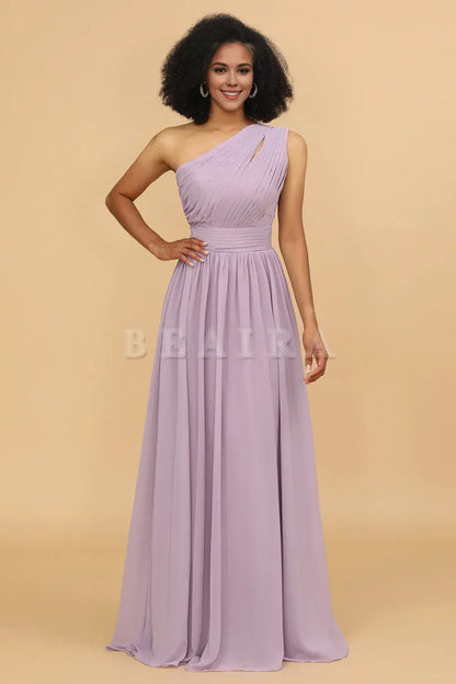 Beaira Elegant Lilac A Line One Shoulder Long Chiffon Bridesmaids Dress with Ruffles New Arrivals