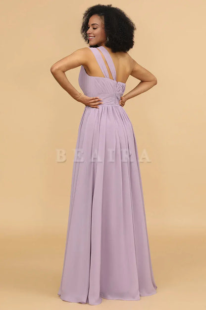 Beaira Elegant Lilac A Line One Shoulder Long Chiffon Bridesmaids Dress with Ruffles New Arrivals