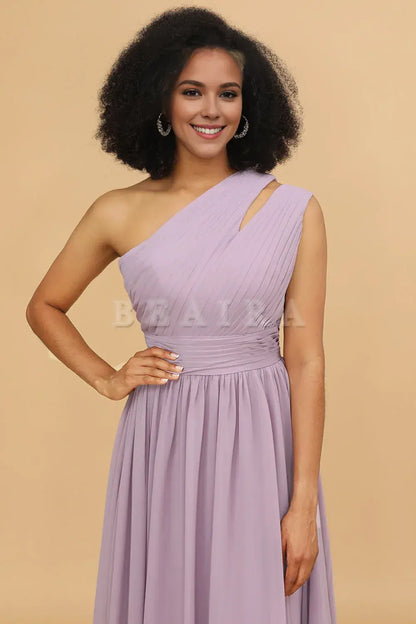 Beaira Elegant Lilac A Line One Shoulder Long Chiffon Bridesmaids Dress with Ruffles New Arrivals