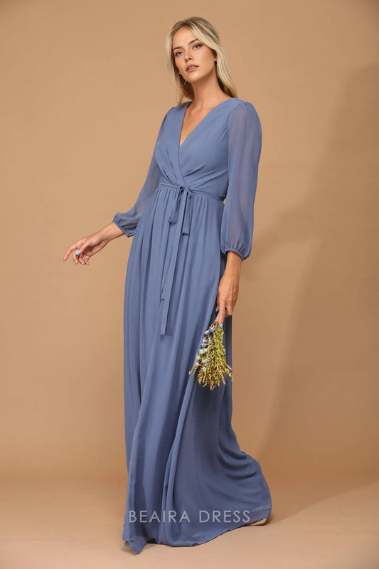 Elegant Long Sleeve Chiffon Wrap Maxi Dress with Tie Waist Prom Dress