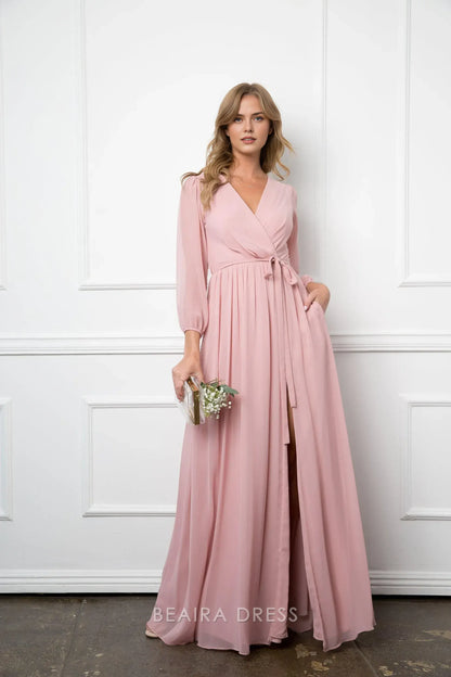 Elegant Long Sleeve Chiffon Wrap Maxi Dress with Tie Waist Prom Dress