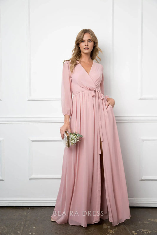 Elegant Long Sleeve Chiffon Wrap Maxi Dress with Tie Waist Prom Dress