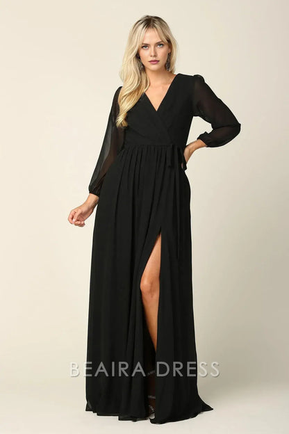 Elegant Long Sleeve Chiffon Wrap Maxi Dress with Tie Waist Prom Dress