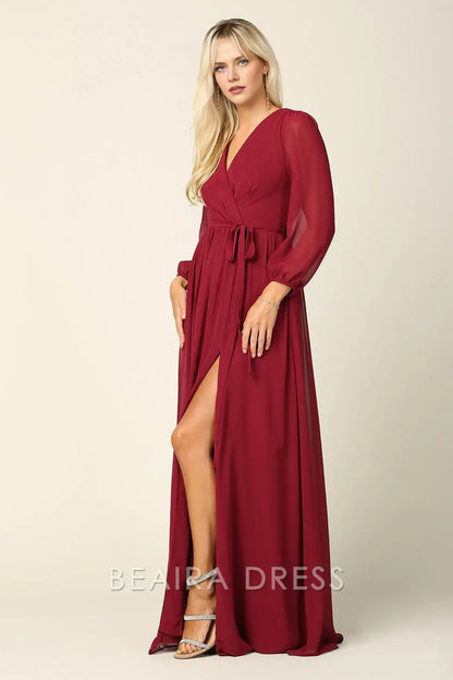 Elegant Long Sleeve Chiffon Wrap Maxi Dress with Tie Waist Prom Dress