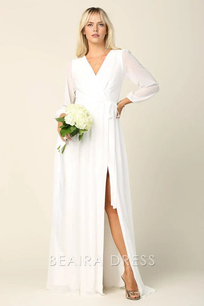 Elegant Long Sleeve Chiffon Wrap Maxi Dress with Tie Waist Prom Dress