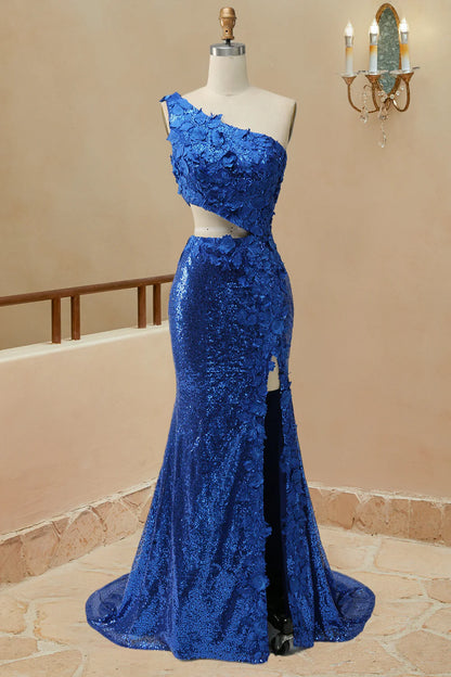 Mermaid Cut Out Oner Shoulder Sequins Split Prom Dress With Appliques