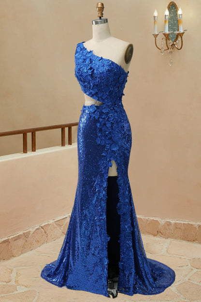 Mermaid Cut Out Oner Shoulder Sequins Split Prom Dress With Appliques