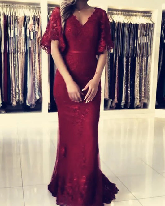 Elegant Mermaid V-Neck Half Burgundy Floor-Length Evening Dress