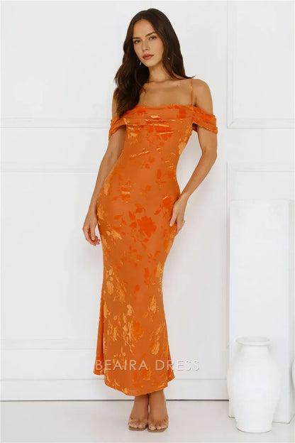 Elegant Off - Shoulder Floral Jacquard Midi Dress with Tie Back Prom Dress