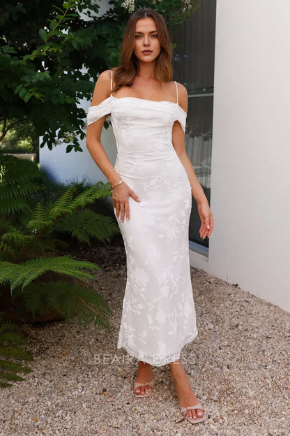 Elegant Off - Shoulder Floral Jacquard Midi Dress with Tie Back Prom Dress