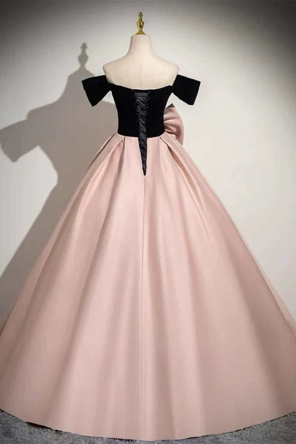 Elegant Off-the-Shoulder Bow-Adorned Black Velvet Pink Satin Prom Dresses