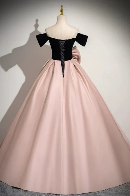 Elegant Off-the-Shoulder Bow-Adorned Black Velvet Pink Satin Prom Dresses