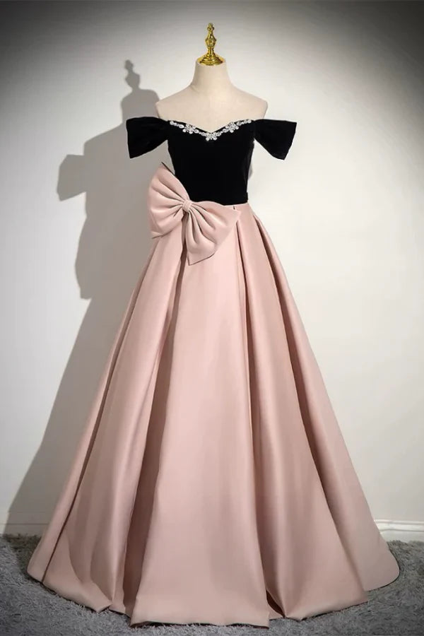 Elegant Off-the-Shoulder Bow-Adorned Black Velvet Pink Satin Prom Dresses