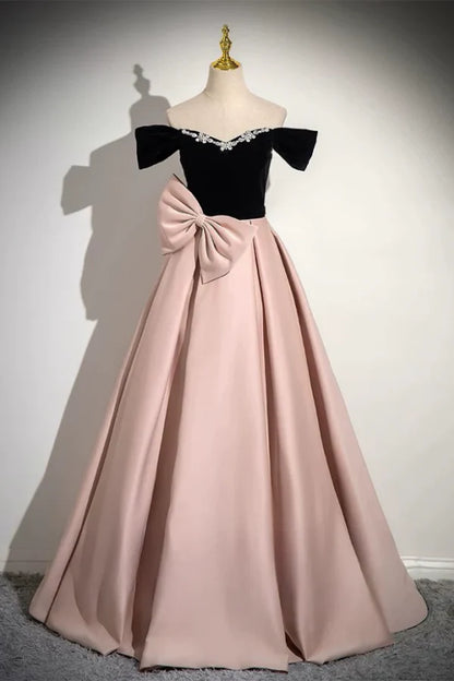 Elegant Off-the-Shoulder Bow-Adorned Black Velvet Pink Satin Prom Dresses