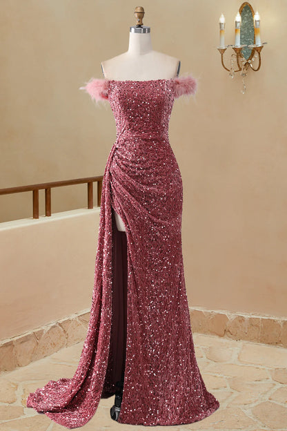 Elegant Off The Shoulder Sequin Mermaid Feather Sweetheart Slit Prom Dresses