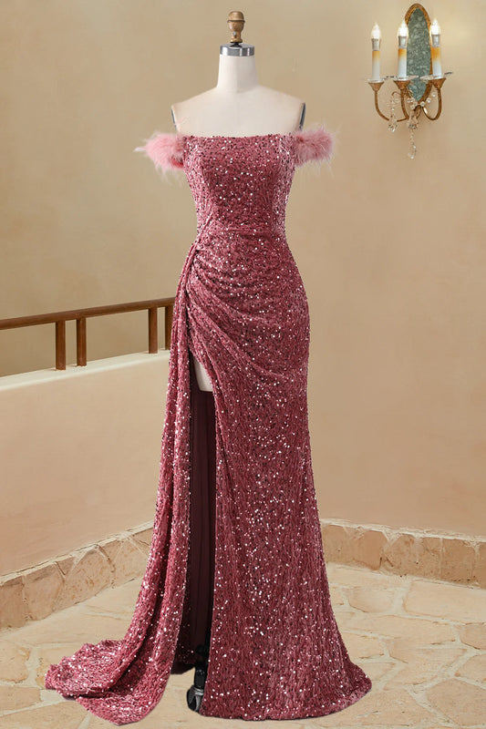 Elegant Off The Shoulder Sequin Mermaid Feather Sweetheart Slit Prom Dresses