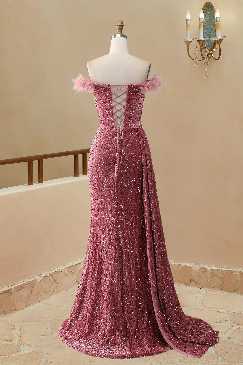 Elegant Off The Shoulder Sequin Mermaid Feather Sweetheart Slit Prom Dresses