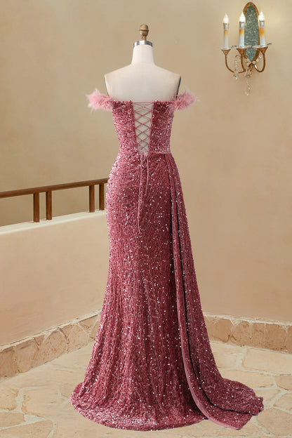 Elegant Off The Shoulder Sequin Mermaid Feather Sweetheart Slit Prom Dresses