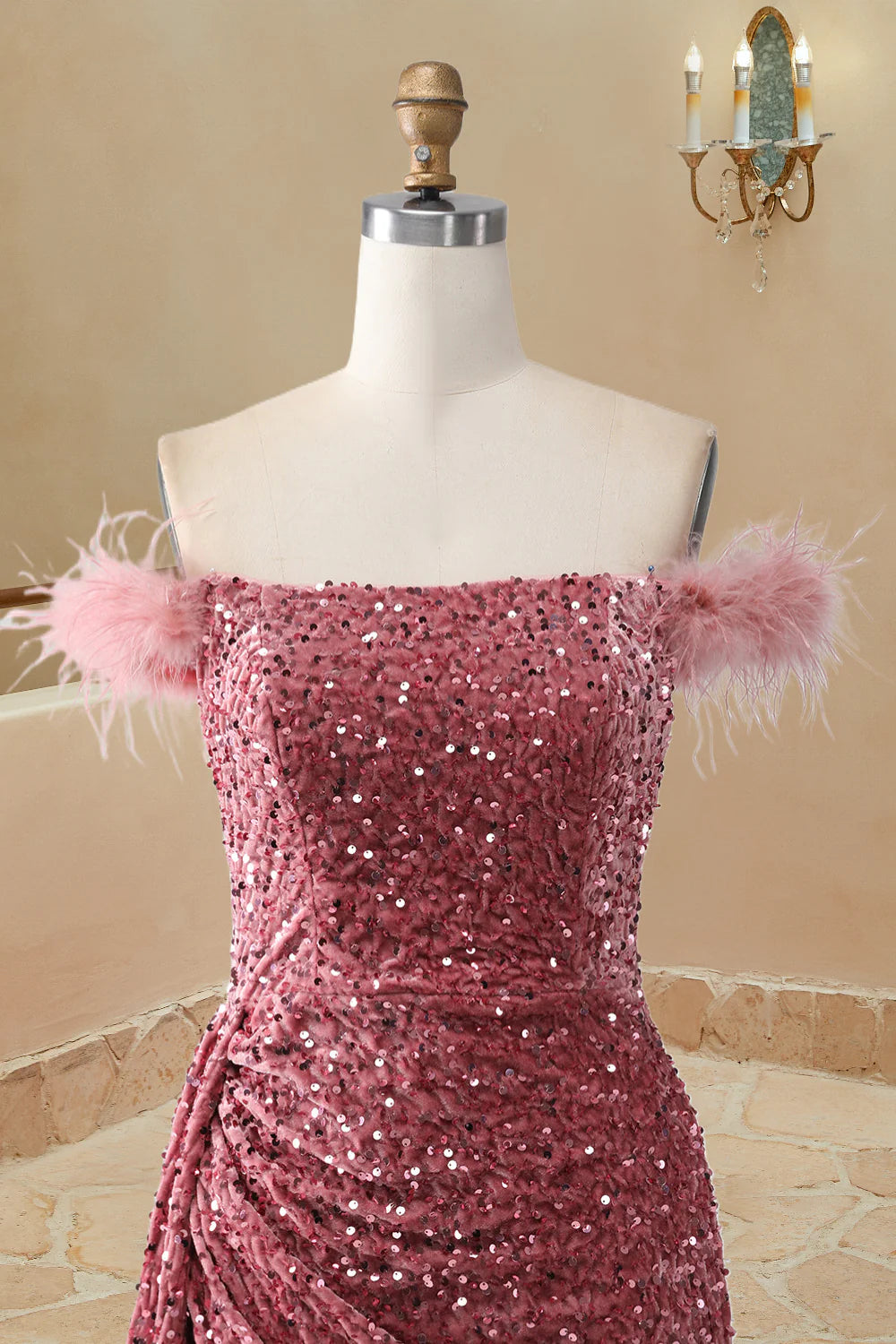 Elegant Off The Shoulder Sequin Mermaid Feather Sweetheart Slit Prom Dresses